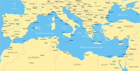 Fototapeta na wymiar Mediterranean sea Map - Vector Illustration