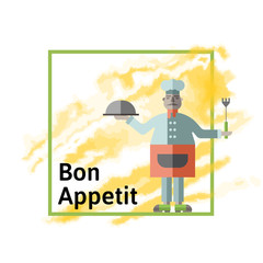 Fat restaurant chef with prepared dish and fork in his hands. Vector illustration, isolated on white background.