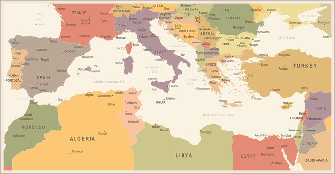 Mediterranean sea Map - Vintage Vector Illustration