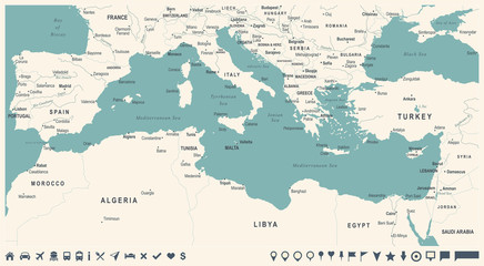 Mediterranean sea Map - Vintage Vector Illustration - obrazy, fototapety, plakaty