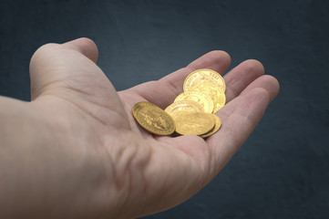 Hand of golden coins. Gold coin 
