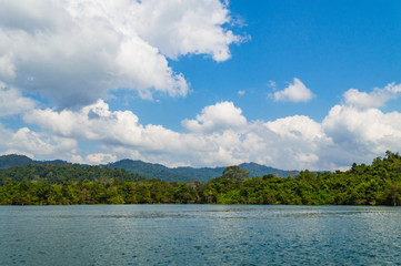 Beautiful mountains lake river sky and natural attractions in Ratchaprapha Dam at Khao Sok National Park, Surat Thani Province, Thailand