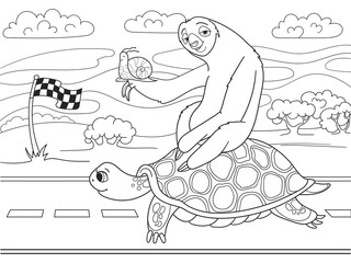 Long Journey, speed. Three friends went on a long trip. Sloth and snail riding a turtle.