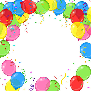 Vector cartoon balloons, streamers and confetti frame for your birthday card or party invitation on white background