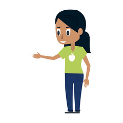 young woman with tan skin wearing green t shirt with apple print icon image vector illustration design 