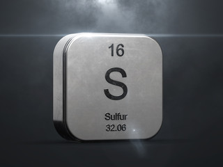 Sulfur element from the periodic table. Metallic icon 3D rendered with nice lens flare