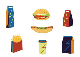 Set of products to take - fries potato, sandwich, buns with sausage, meat, vegetables, paper bag, glass, - isolated on white background - art creative modern vector