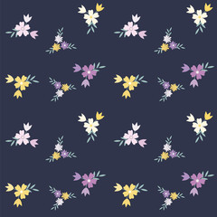 Fototapeta na wymiar Pattern - wildflowers - purple, yellow, pink on a dark blue background - art creative vector