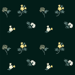 Pattern - wild flowers - light yellow on a dark green background - abstract creative art vector