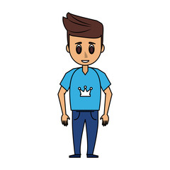 man young adult wearing blue t shirt with crown print icon image vector illustration design 