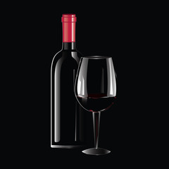 Realistic black bottle of wine with a red cork, glass - isolated on a black background - art creative modern vector illustration