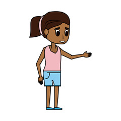 young woman with dark skin wearing shorts and pink shirt icon image vector illustration design 