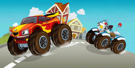 cartoon scene with pursuit police chasing fast red car illustration for children © honeyflavour