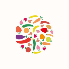 Vector logo template for healthy food. Natural logotype. Vegan label. Can be used for vegetarian cafe, store or shop. EPS10. Circle fruit badge.