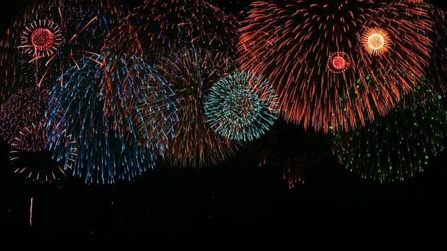 Spectacular fireworks finale in Nagano Prefecture, Japan. Collage.