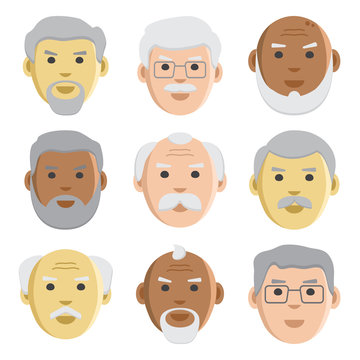Flat set of faces old men, avatar, vector illustration
