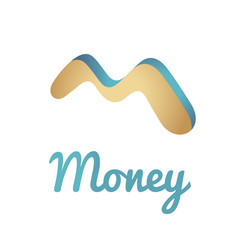 Illustration of stylized letter M with gold and turquoise gradients. Creative logotype template. Abstract vector logo, symbolizing money. Design element. Can be used for print on clothes. EPS10.