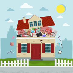 The concept of excessive  consumerism. House bursting of stuff. Vector illustration.
