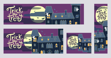 Halloween trick or treat web banners with spooky houses vector illustrations. Collection of four different sizes banners: 970x250, 720x300, 300x250, 160x600