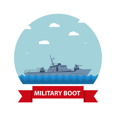 Icon with the fighting boat in flat style.The military boat in flat style battleship.Modern fighting patrol ship. Boundary gun boat. Naval frigate.