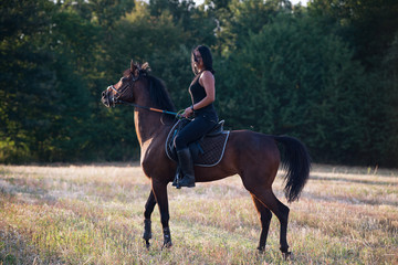 Woman riding a horse in sunset