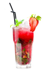 Tropical delicious fresh strawberry cocktail in a high glass decorated with mint, ice cubes and straws isolated on white background