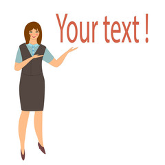 Girl advertises the product. Woman shows up on the text. Lorem ipsum, template. Vector illustration flat icon.