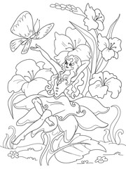 Fototapeta na wymiar coloring page Thumbelina sitting on a flower