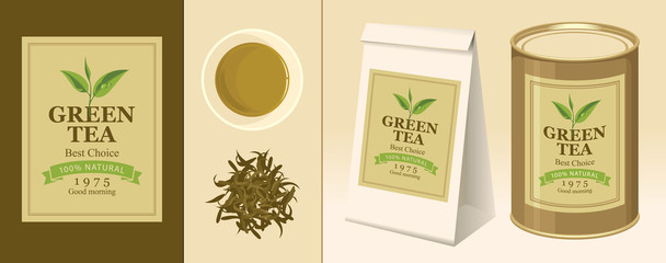 Vector banner and label for green tea with the image of a tea leaf on the twig and the inscription. Tea Cup, pinch of welding, 3D paper pack and a tin can of tea with this label