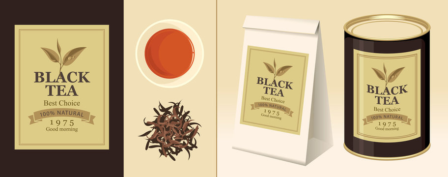 Vector banner and label for black tea with the image of a tea leaf on the twig and the inscription. Tea Cup, pinch of welding, 3D paper pack and a tin can of tea with this label