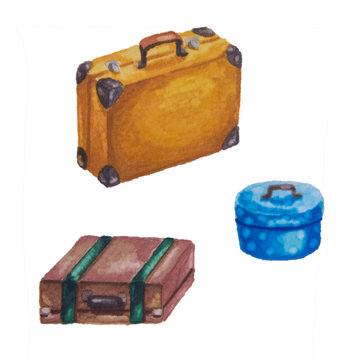 Suitcases for travels of brown and blue color drawn by watercolor markers on a background