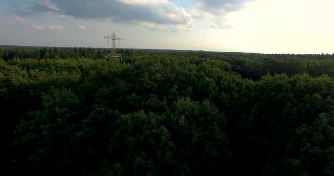 Smooth drone shot flying over woods with electric lines over the trees