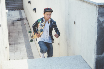 Young student man with longboard