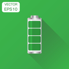 Battery charge level indicator icon. Business concept battery pictogram. Vector illustration on green background with long shadow.