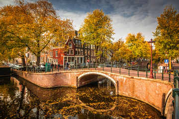 beautiful canals in Amsterdam in autum, Holland