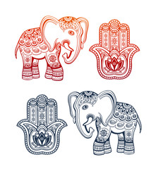 Indian ethnic elephant and hamsa hand with ethnic ornaments