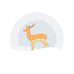 Young deer in profile under a snowfall. Winter view. Christmas and New Year. Vector illustration