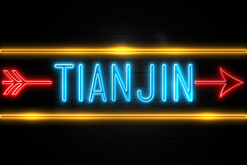 Tianjin  - fluorescent Neon Sign on brickwall Front view