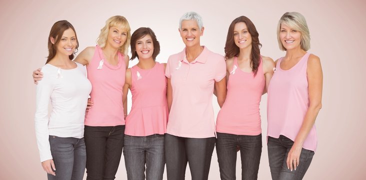 Composite image of portrait of smiling women supporting breast