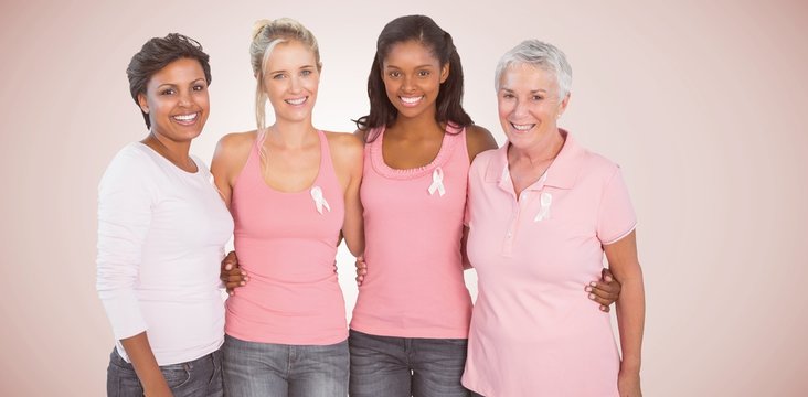 Composite image of portrait of happy women supporting breast