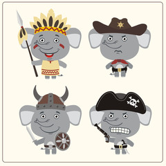 Set isolated elephant in cartoon style for design children holiday and birthday. Funny elephant in costume of viking, american indian, cowboy and pirate.