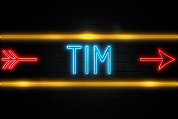 Tim  - fluorescent Neon Sign on brickwall Front view