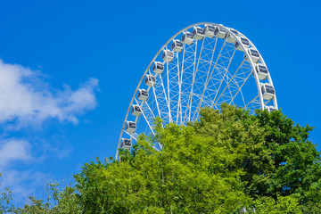 Fototapeta premium Ferris wheel in the amusement park with blue sky at the background