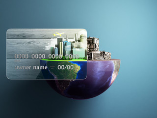 concept of new opportunities with credit cards a new city in the strength of a card a ruined city outside the credit card 3d render