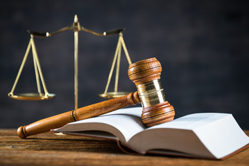 Legal office of lawyers and attorney. Judge Gavel, Scale of Justice