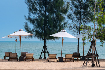 Lonely tropical beach with beach chairs under white umbrella and pine trees