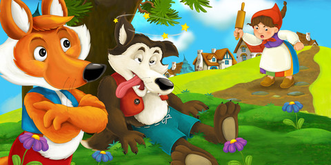 cartoon scene with a happy fox looking at sick or beaten wolf lying under the tree