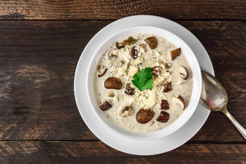 Plate of mushroom soup, top view with copy space