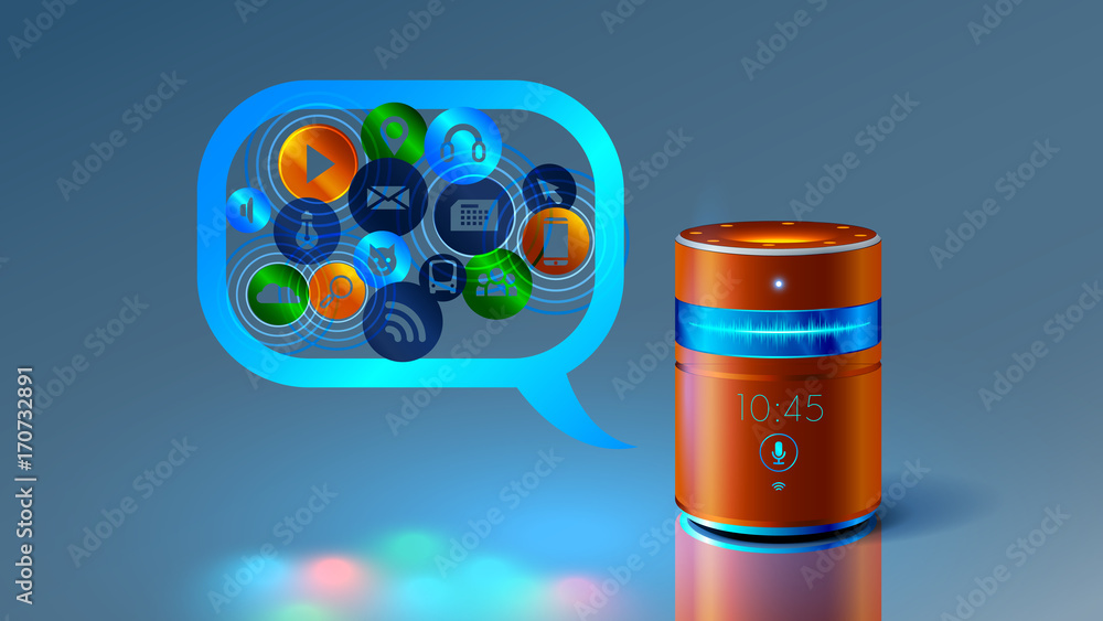 Poster Smart speaker with voice control. Voice control of your smart house. Abstract future product. Smart speaker speaks with you and helps to obtain information. The Internet of things. VECTOR.