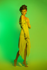 Beautiful, glamorous, girl, model in a photo studio with color filters. Portrait, beauty, style.